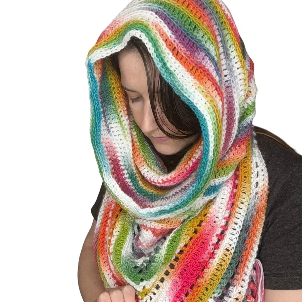 Handcrafted Crochet Hooded Cowl Scarf With Fringe New Handmade by Seller Knit